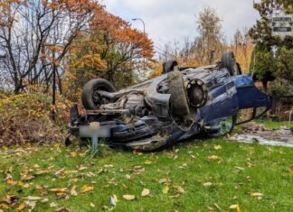 Samochód dachował w Tychach. Wpadł do ogródka działkowego. Pasażer i kierowca na podwójnym gazie