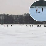 Ludzie spacerują i ślizgają się po zamarzniętym jeziorze Paprocany. „Przykład skrajnej nieodpowiedzialności”